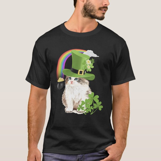 T-shirt Cute Cat  St Patricks Day Shamrock Rainbow Patty K (Devant)