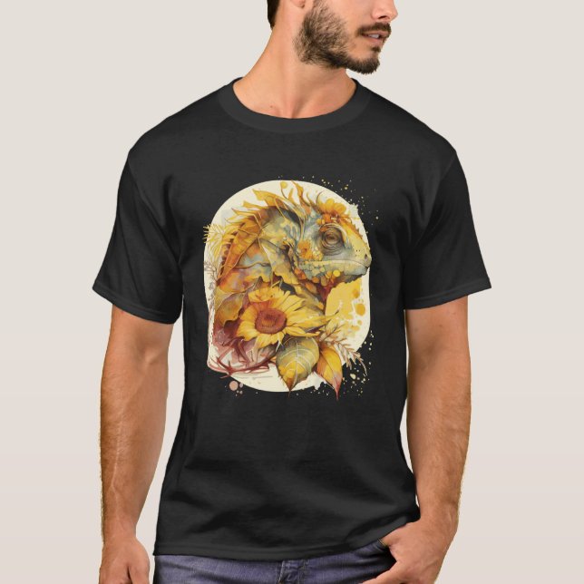 T-shirt Cute Chameleon Sunflower Watercolor Reptile Lizard (Devant)