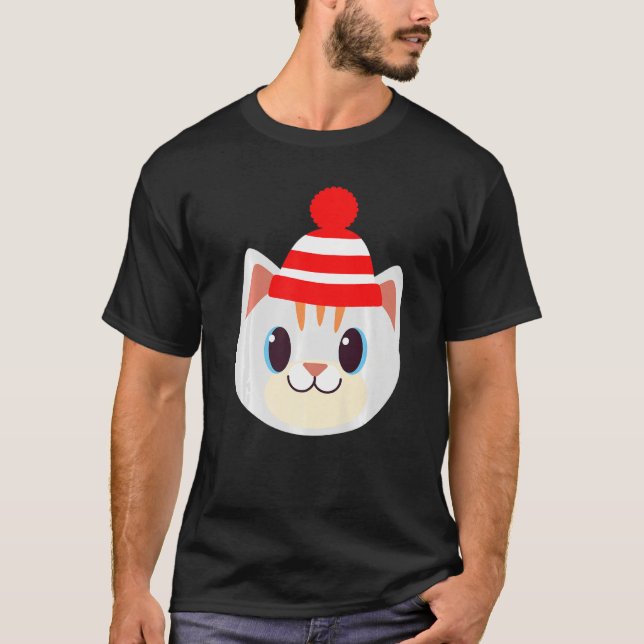 T-shirt Cute Chat Avec Beanie Beany Casquette Laine Chaude (Devant)