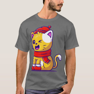 T-shirt Cute Chat Hiver Portant Écharpe Casquette Et Chaus