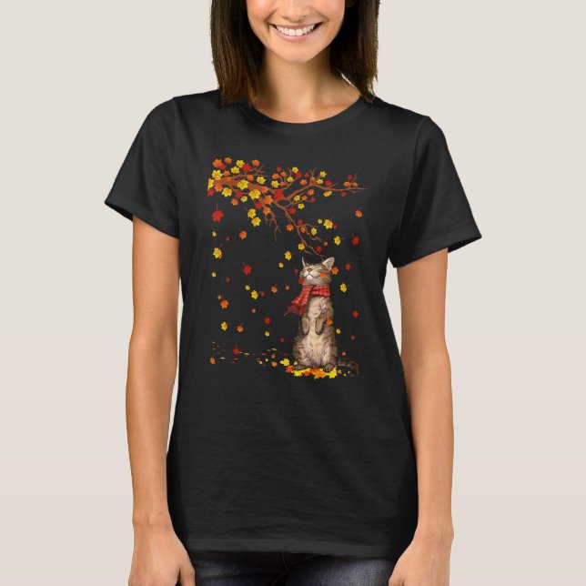 T-shirt Cute Chat Kitty Automne Feuilles Chat Hommes Femme (Devant)
