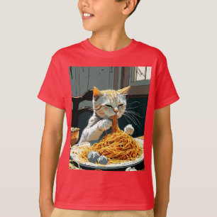 T-SHIRT CUTE CHAT MANGER SPAGHETTI