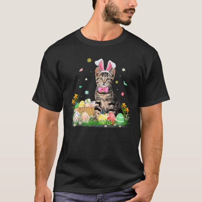 T-shirt Cute Chat Oeufs de lapin de la fête de Pâques (Devant)