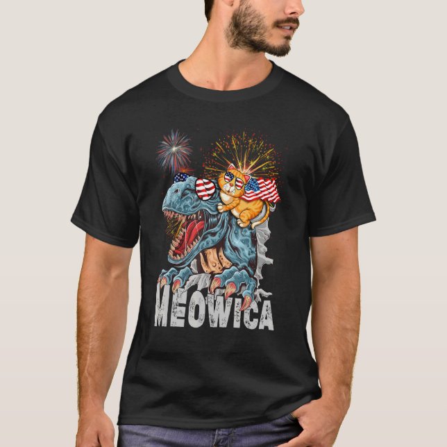 T-shirt Cute Chat Riding Rex Dinosaur Meowica Merica Améri (Devant)