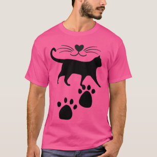 T-shirt Cute Chat Silhouette avec Nez de Coeur et Empreint