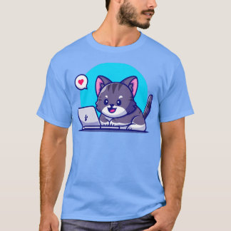 T-shirt Cute Chat Travaille Sur Le Cartogramme Ordinateur 