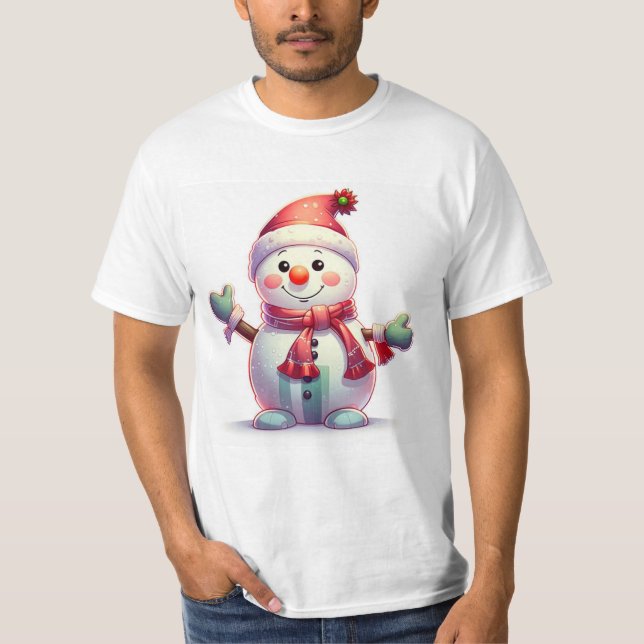 T-shirt Cute Cheerful Snowman Wearing Santa Hat and Scarf (Devant)