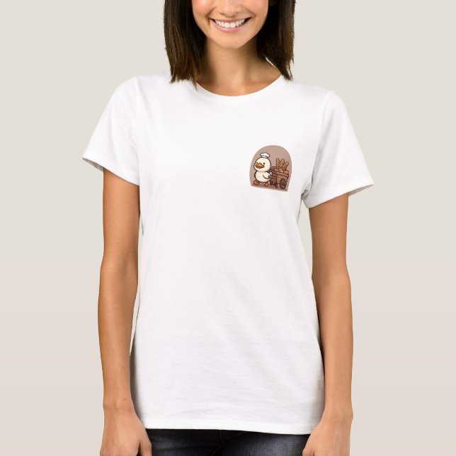 T-shirt Cute Chef Duck Pulling Wooden Bread Cart Illustrat (Devant)