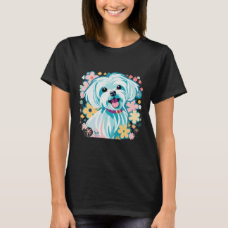 T-shirt Cute Chien Maltais Vintages rétro Floral Boho Colo