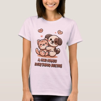 T-shirt Cute Chiot & Kitten Hug - Adorable Design Kawaii