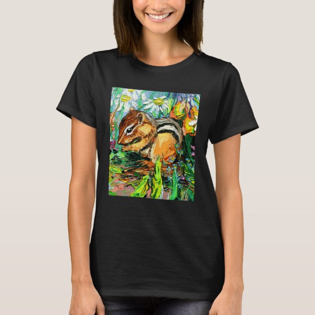 T-shirt Cute Chipmunk Spring Flowers Animal Impressionist  (Devant)