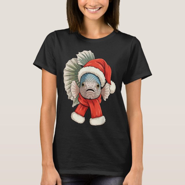 T-shirt Cute Christmas Betta Fish Santa  (Devant)