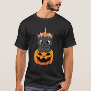 T-shirt Cute Citrouille Chat Noir Unicorne Halloween Costu
