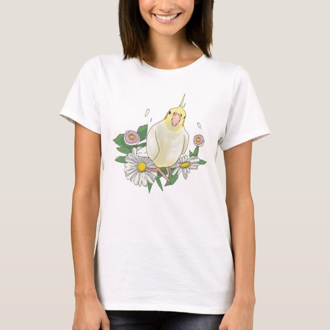 T-shirt Cute Cockatiel Floral Illustration (Devant)