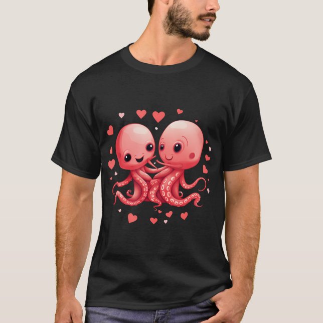 T-shirt Cute Coeurs De Pieuvre Saint Valentin V-Day Funny  (Devant)