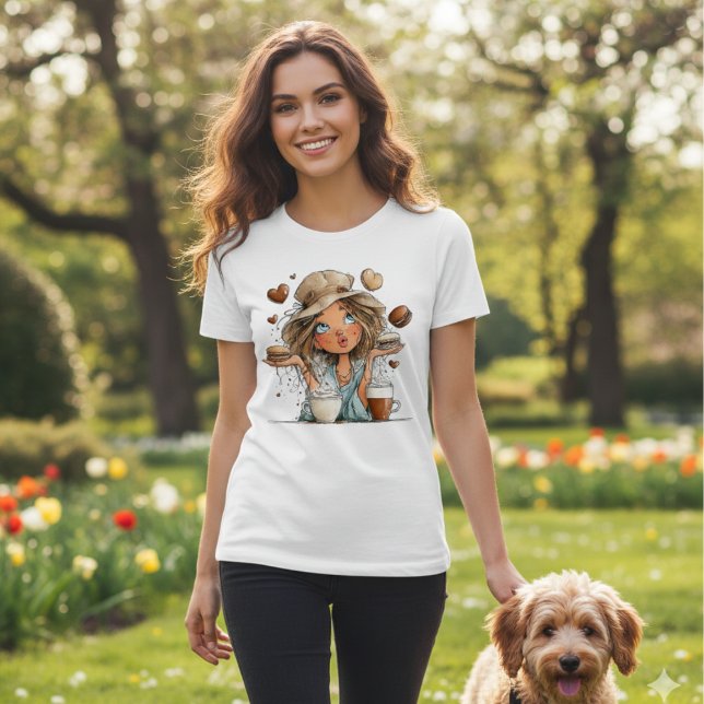T-shirt Cute Coffee Girl & Macarons – Whimsical Aesthetic  (Créateur téléchargé)