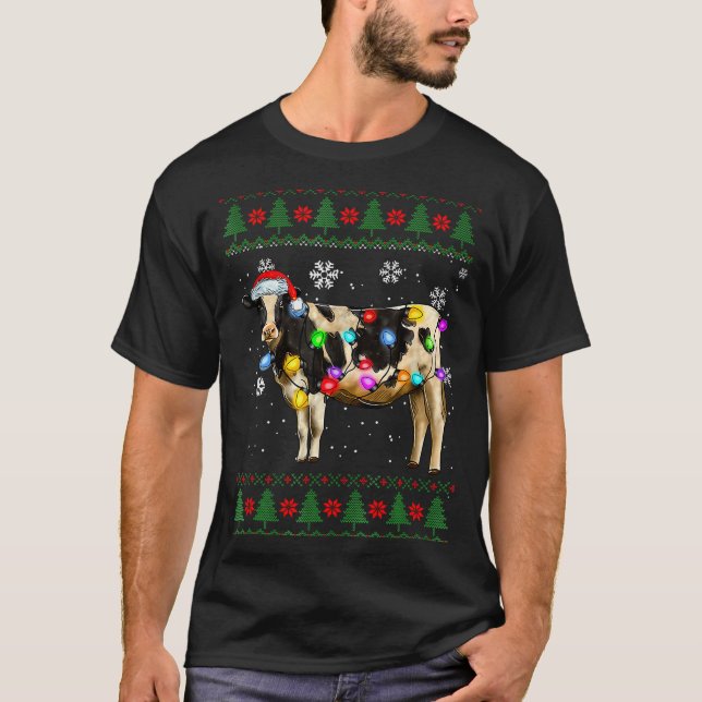 T-shirt Cute Cow Santa Christmas Lights Ugly Xmas Sweater  (Devant)