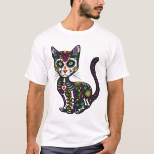 T-shirt Cute Crâne Sucre Mexicaine Chat Halloween Jour De