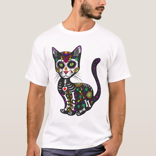 T-shirt Cute Crâne Sucre Mexicaine Chat Halloween Jour De (Devant)