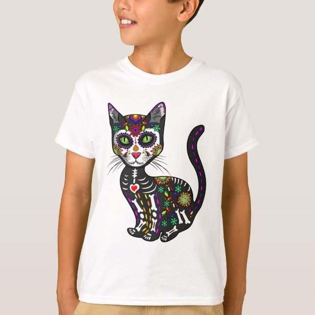 T-shirt Cute Crâne Sucre Mexicaine Chat Halloween Jour De (Devant)