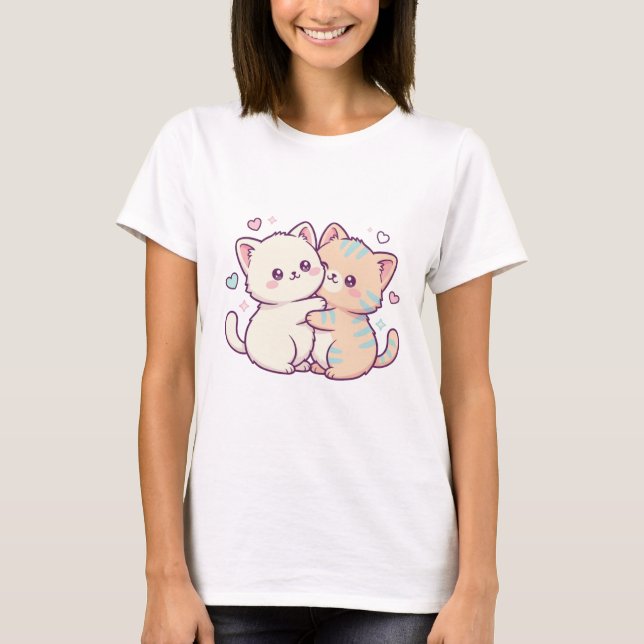 T-shirt Cute Cuddling Kittens Hugging Hearts (Devant)