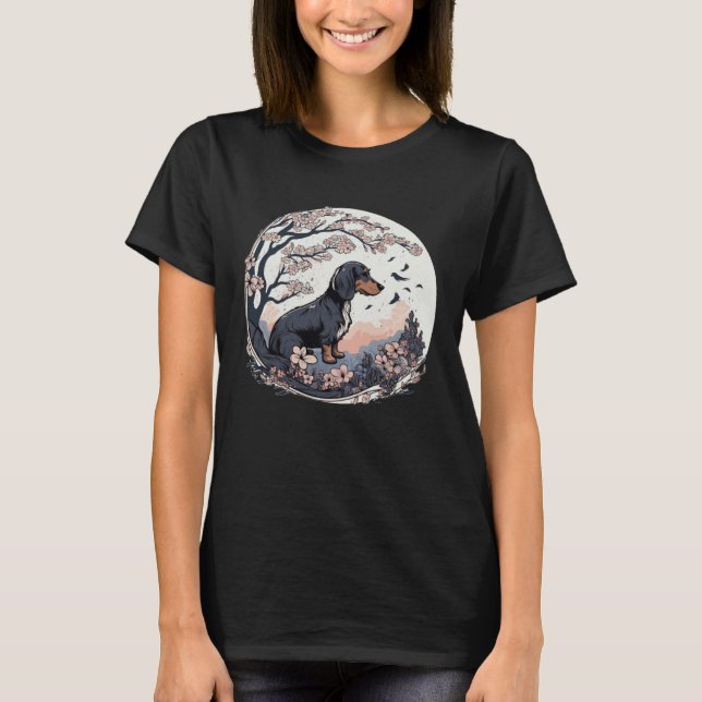 T-shirt Cute Dachshund Cherry Blossom Dog Breed Japanese W (Devant)