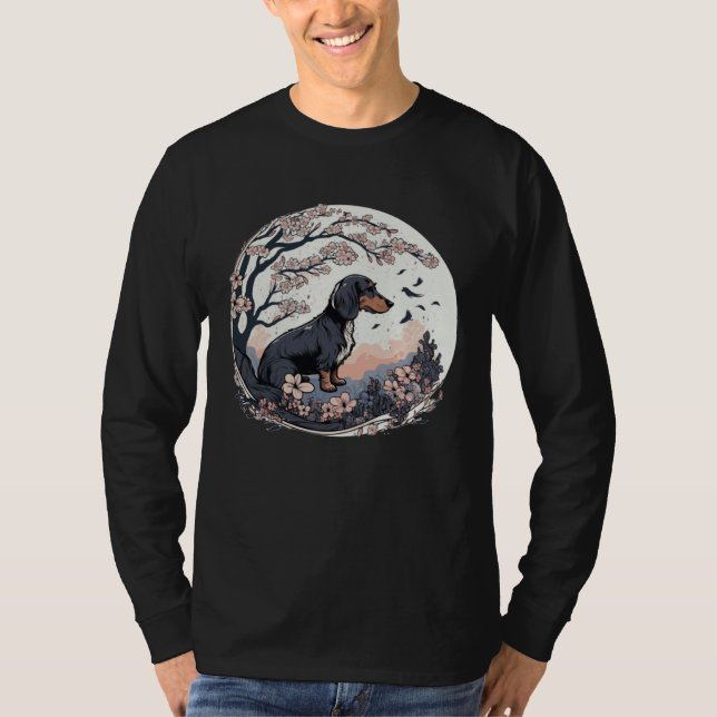 T-shirt Cute Dachshund Cherry Blossom Dog Breed Japanese W (Devant)
