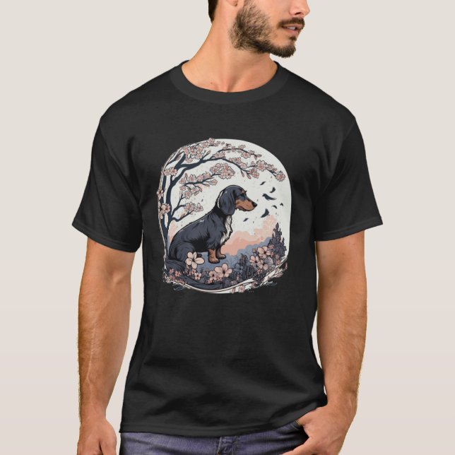 T-shirt Cute Dachshund Cherry Blossom Dog Breed Japanese W (Devant)
