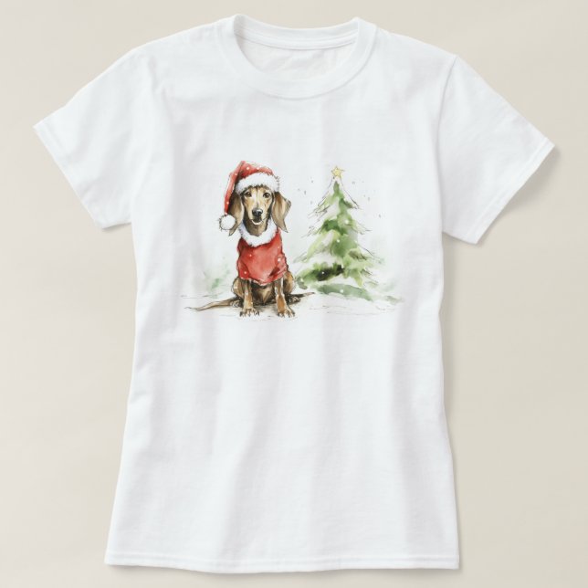T-shirt Cute Dachshund Chien Furie et Noël brillant (Design devant)