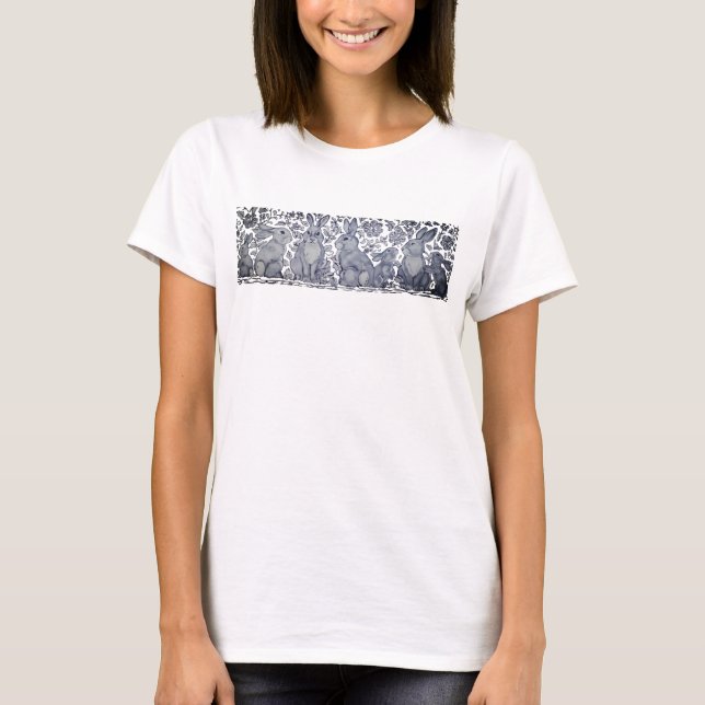 T-shirt Cute Denim Blue Rabbit Motif Animal Floral T-Shi (Devant)