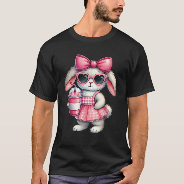 T-shirt Cute Easter Bunny drinking Ice coffee Easter Bow W (Devant)