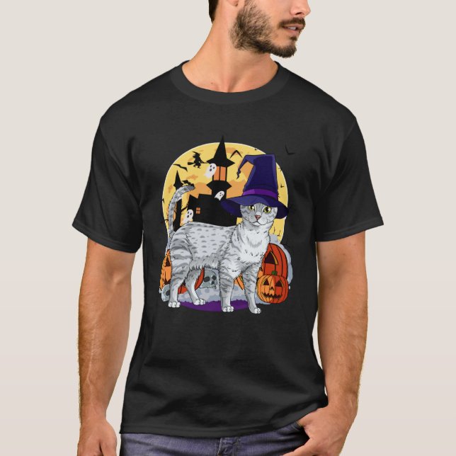 T-shirt Cute Egyptian Mau Cat Halloween Witch Pumpkin (Devant)