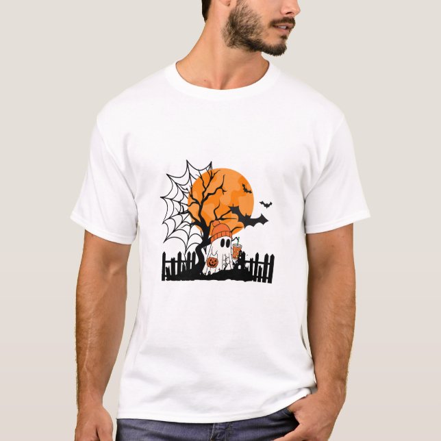 T-shirt Cute Fantôme Boire Citrouille Épice Halloween (Devant)