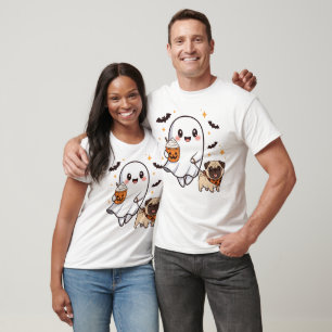 T-shirt Cute Fantôme Marcher Chien Carlin Café Halloween C