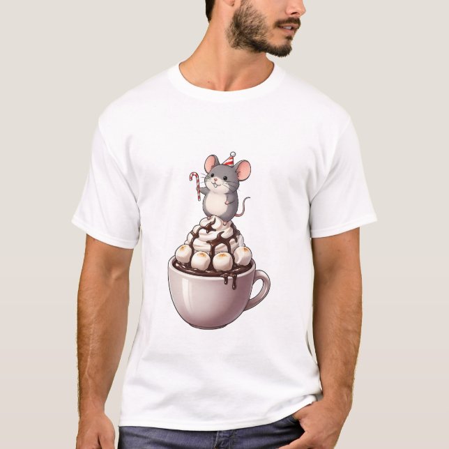 T-shirt Cute Festive Mouse Standing on Hot Chocolate (Devant)