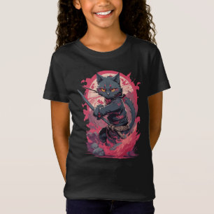 T-Shirt Cute Fire Splash Noir Ninja Chat Guerrier