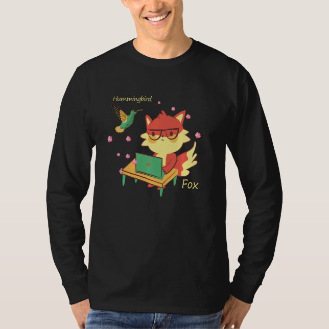 T-shirt Cute Fox & Hummingbird Sakura Blossom Flower Studi (Devant)