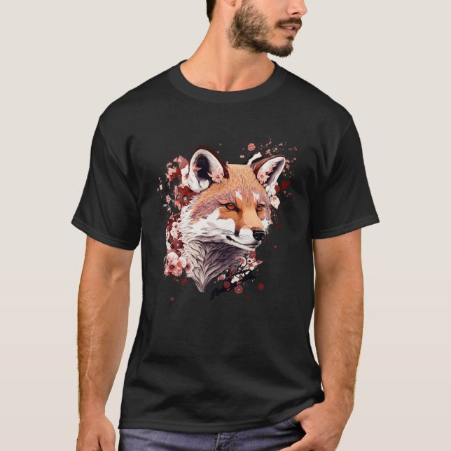 T-shirt Cute Fox Japanese  Cherry Blossom Flower Artwork (Devant)