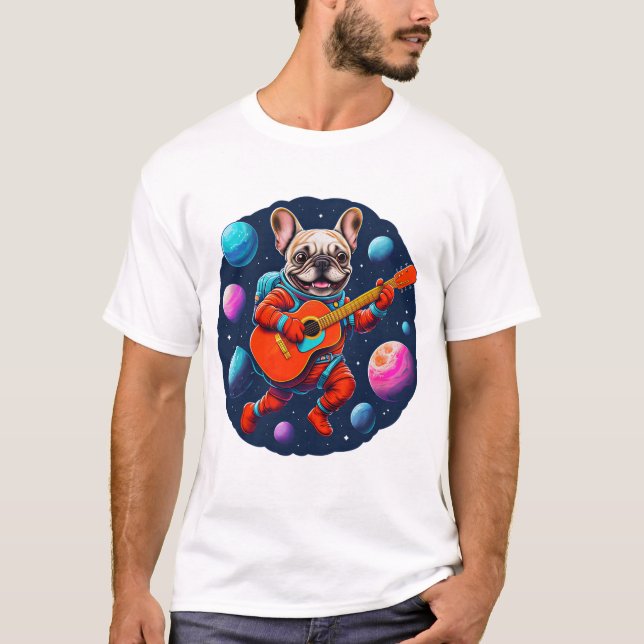 T-shirt Cute French Bulldog Astronaut Playing Guitar – Fun (Devant)