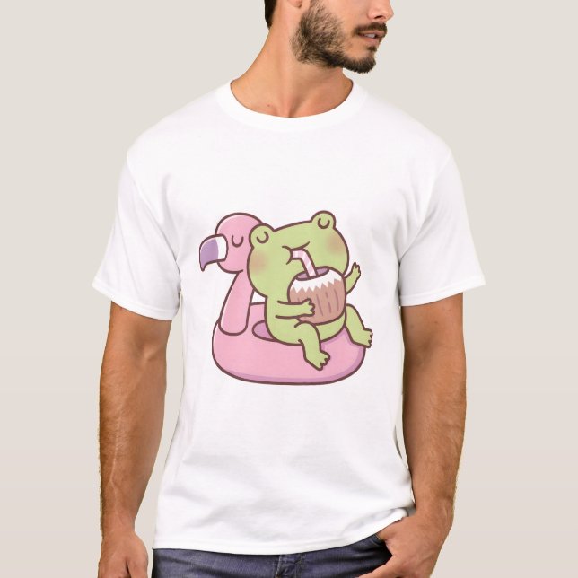 T-shirt Cute Frog Chilling Sur Flamant rose Flotte De Pisc (Devant)