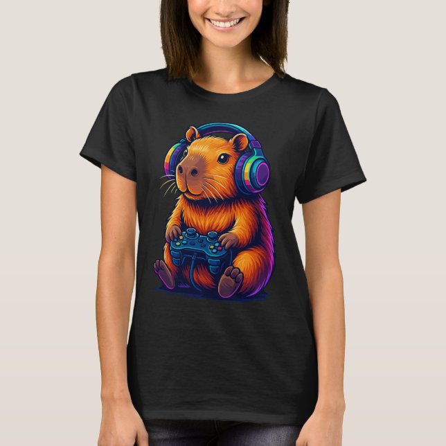 T-shirt Cute Gamer Capybara — with Headset & Controller (Devant)