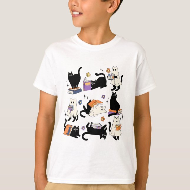 T-shirt Cute Ghost Black Cat Lecture Livres Éffrayant Hall (Devant)