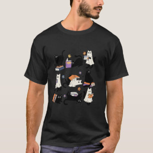 T-shirt Cute Ghost Black Cat Lecture Livres Éffrayant Hall
