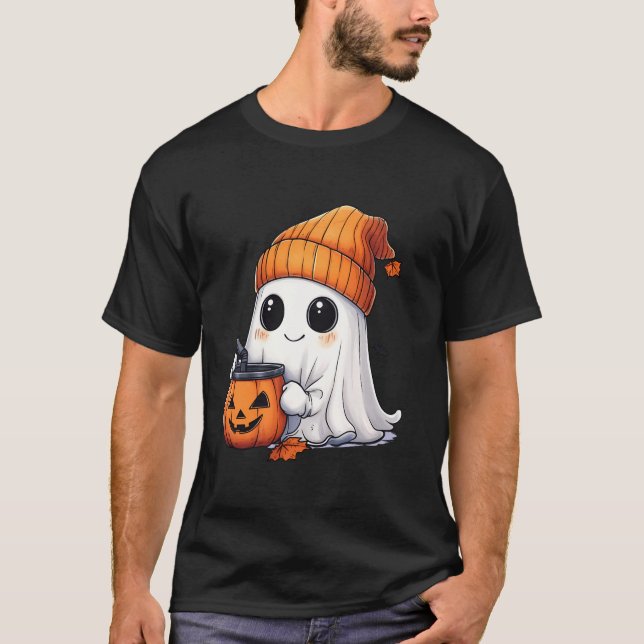 T-shirt Cute Ghost Boire Café Bougie Citrouille Spice Ha (Devant)