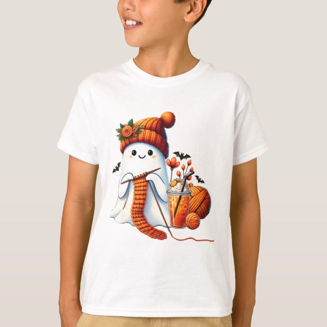 T-shirt Cute Ghost Crochet Tricot Amateurs Halloween Café (Devant)