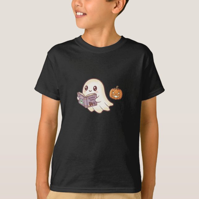 T-shirt Cute Ghost Lecture Éffrayant Livre Halloween Dessi (Devant)