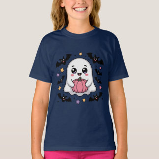 T-shirt Cute Ghost with Pumpkin and Bats 