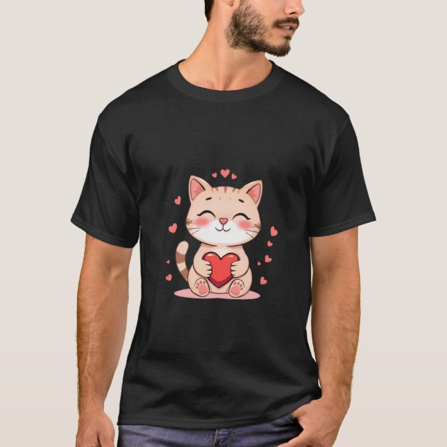 T-shirt Cute Ginger Cat Hugging Red Heart Love Art ✨🐾❤️ (Devant)