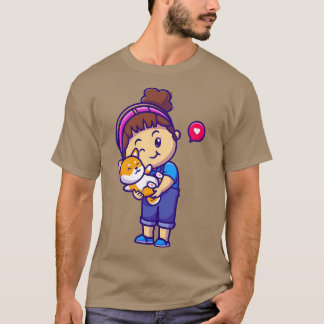 T-shirt Cute Girl Hug Shiba Inu Chien Caricature 1
