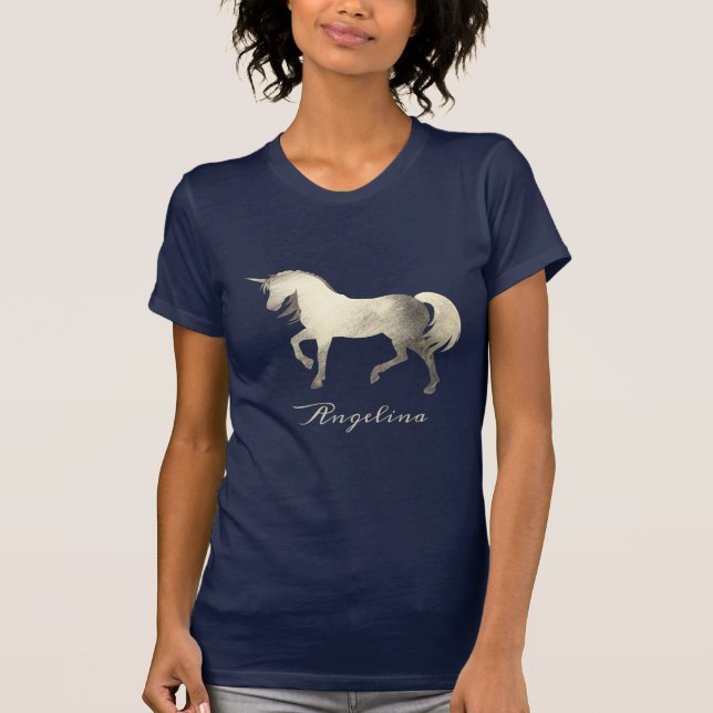 T-shirt Cute Girly & Chic Silver Foil Unicorn Personnalisé (Devant)